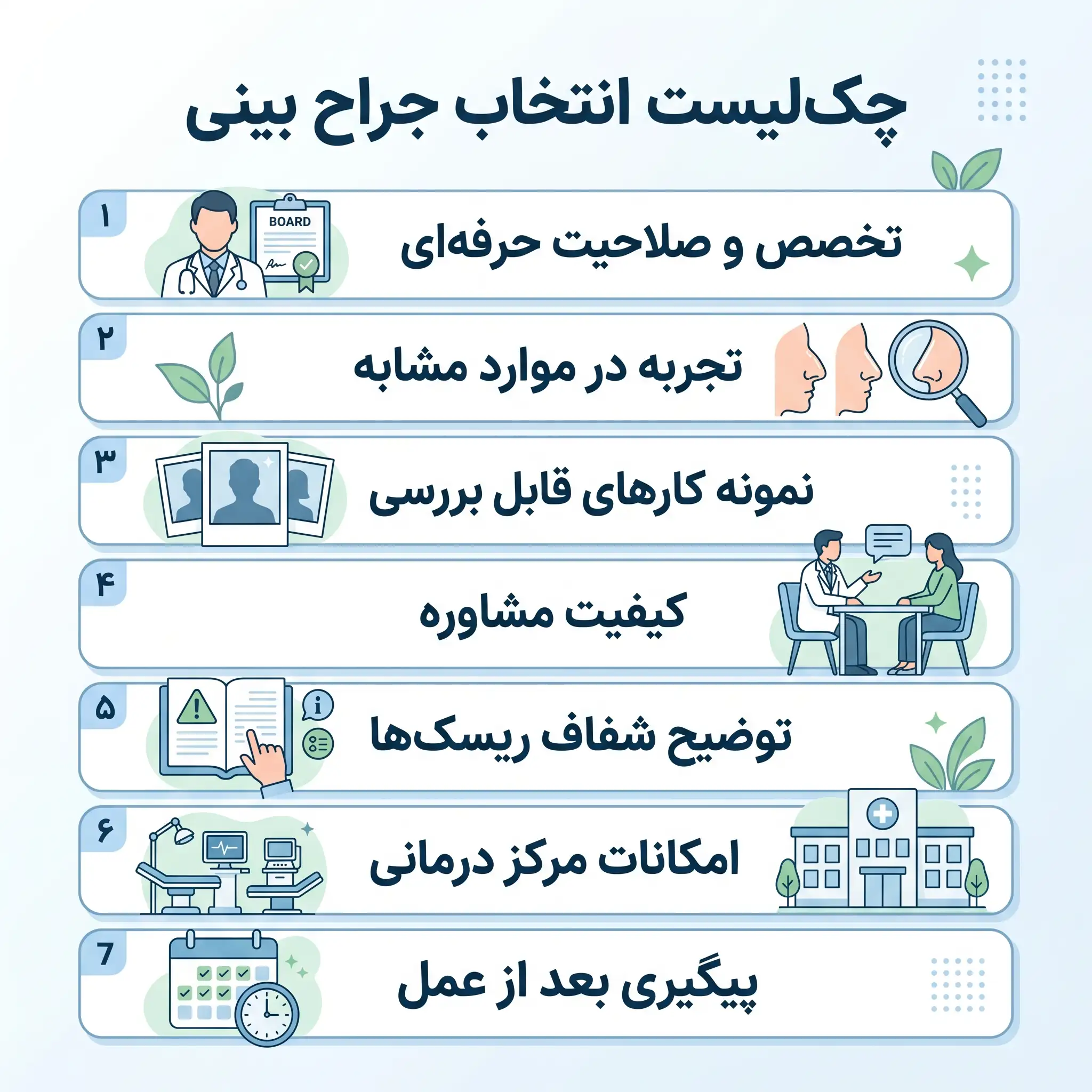 چک‌لیست انتخاب جراح بینی با معیارهای تخصص و پیگیری